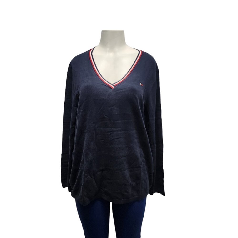 Tommy Hilfiger Womens V-neck Pullover Sweater Long Sleeve Cotton Navy Size XXL